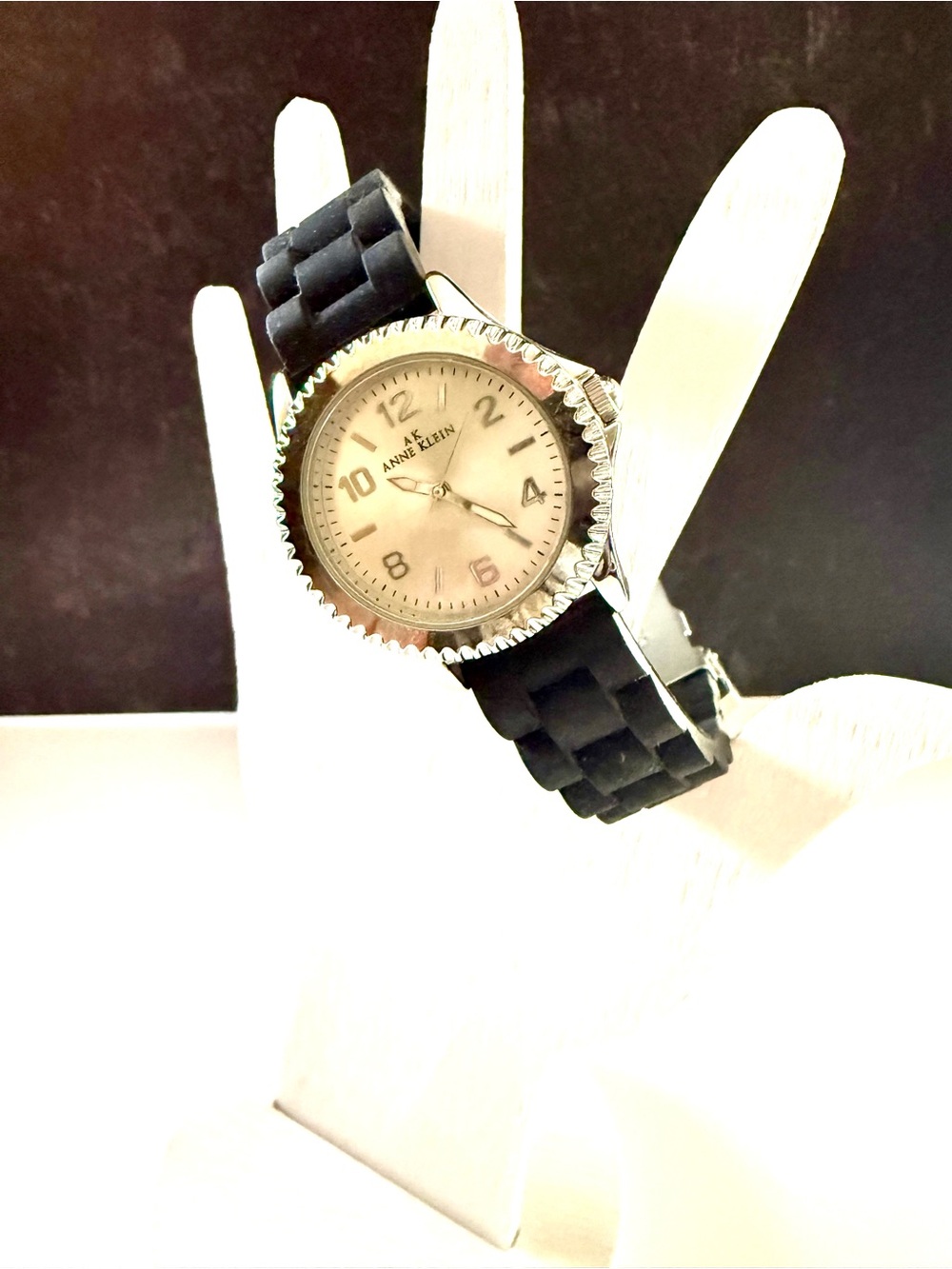 Anne Klein Silver-Tone Dial Black Silicone Strap Watch
